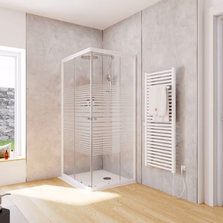 Cabina doccia Schulte Corner con ingresso angolare e porte scorrevoli, installazione su piatto doccia o piastrelle, vetro di sicurezza temperato da 4 mm, altezza: 180 cm, 90 x 75 cm, colore del profilo: bianco alpino, tipo di vetro: decorazione a strisce