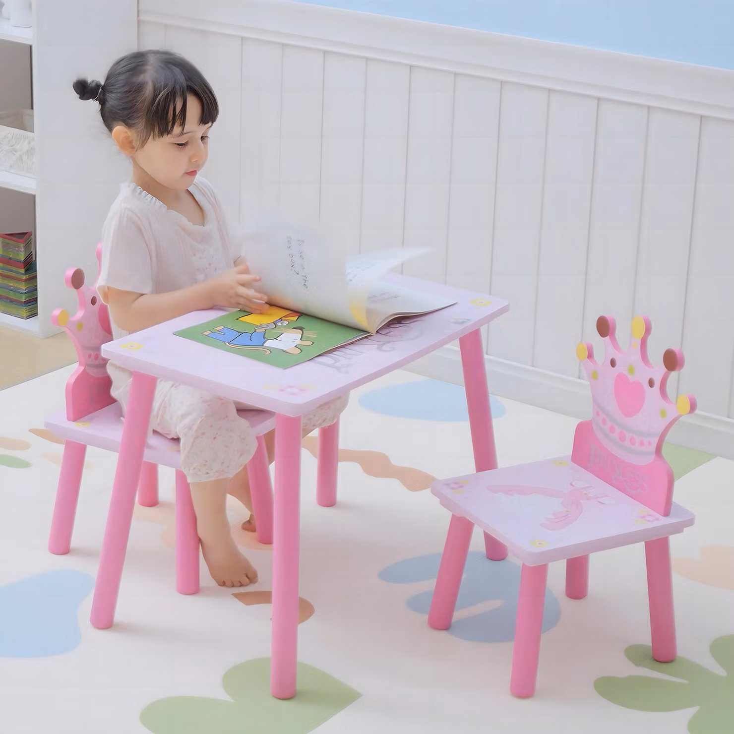 Set Tavolo e 2 Sedie a Tema Principesse Aosom per Cameretta Bambini in Legno Rosa con Schienale a Forma di Corona – 2