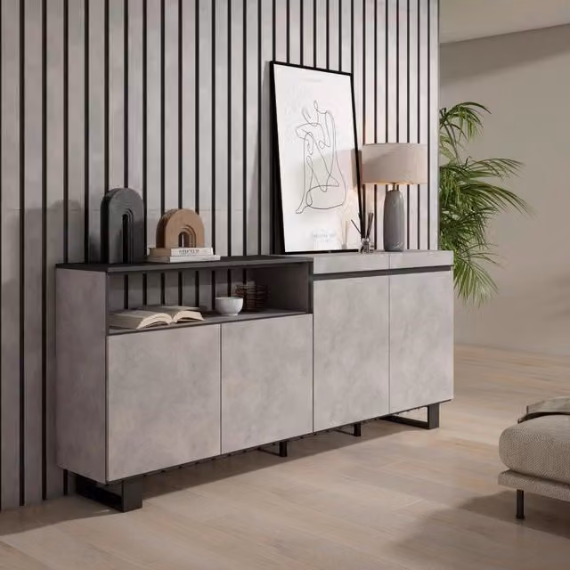 Credenza, Mobile, 200x35x87cm, 4 Porte, Design industriale, grigio cemento RF2368