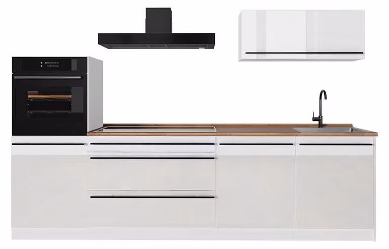 Cucina componibile Vicco R-Line Bianco lucido/Bianco 280 cm piano di lavoro Rovere dorato, Model 66506