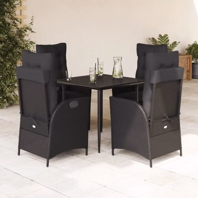 Set da Pranzo da Giardino 5 Pezzi vidaXL in Polyrattan Nero con Tavolo in Vetro