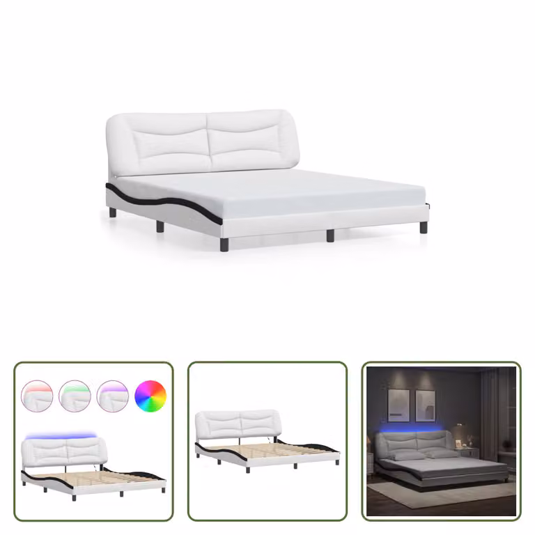 The Living Store Struttura letto con LED bianco e nero 180x200 cm in ecopelle