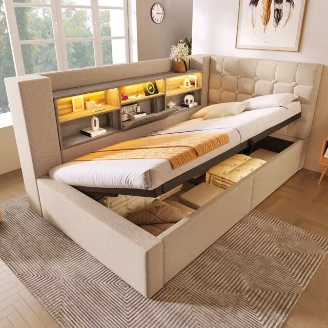 Letto del tronco imbottito 90 x 200 cm; LED; deposito idraulico; testata reversibile a forma di L con deposito; molla a doghe; Lin; beige