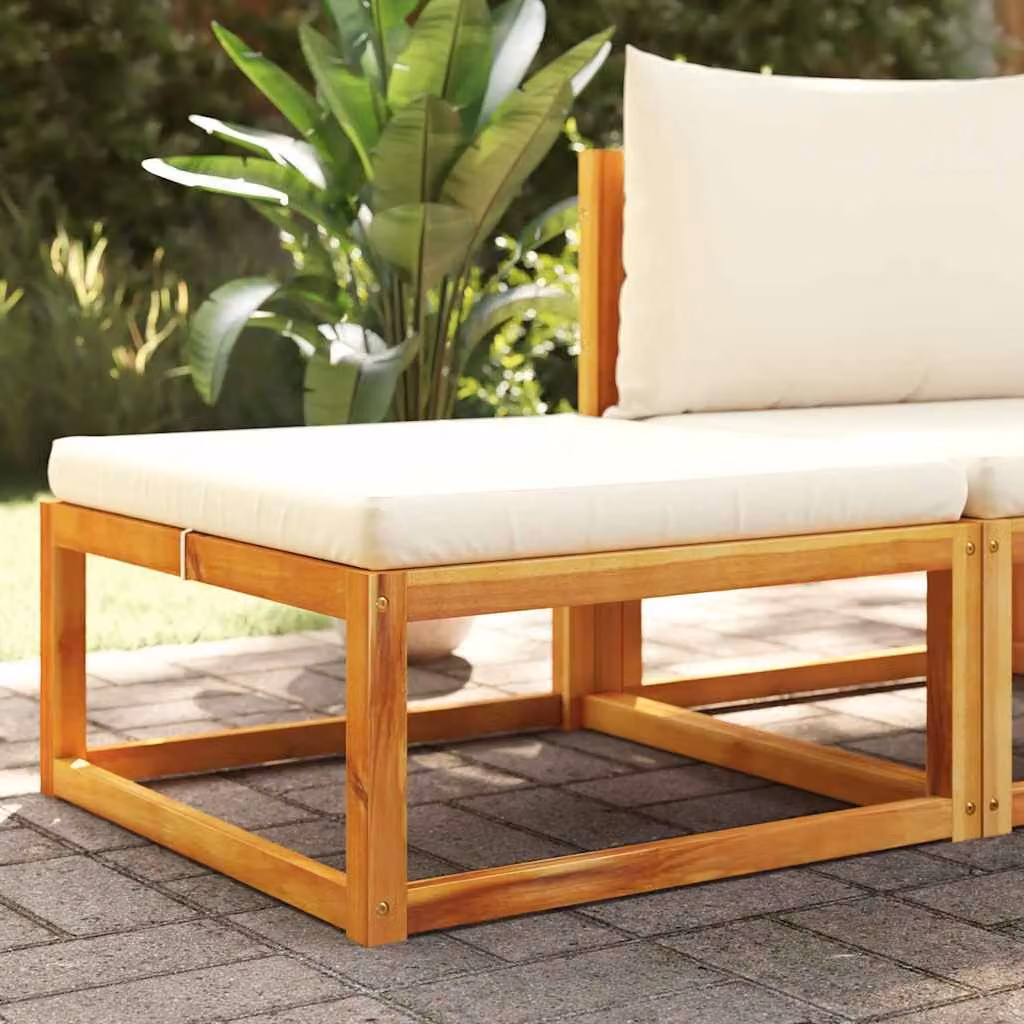 vidaXL Poggiapiedi da Giardino in Legno di Acacia con Cuscino Bianco L: 65 cm, P: 65 cm, H: 29 cm