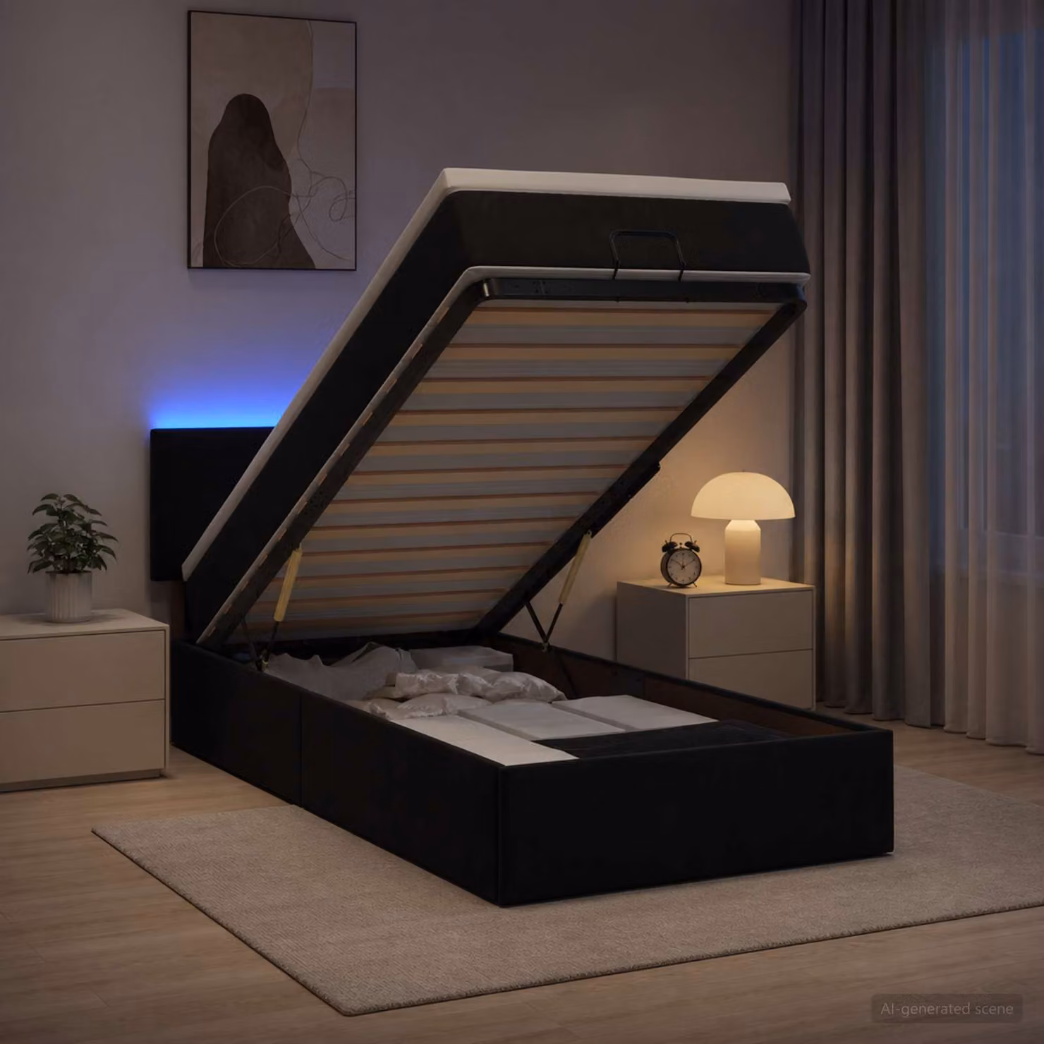 Letto Ottomano vidaXL con Materasso Ibrido e Illuminazione LED in Velluto Nero L 200 cm x P 100 cm x H 88 cm