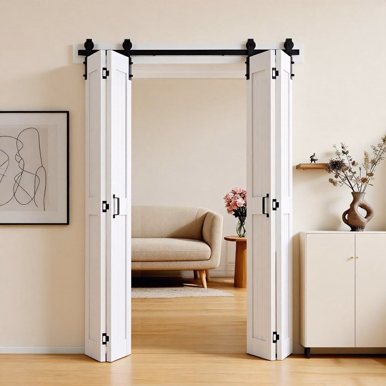 Porta scorrevole a libro in stile porta da fienile - Set porta scorrevole a libro - 122 x 213 cm - MDF - Set di ferramenta incluso - Design a telaio a H salvaspazio - Pannelli preassemblati - Bianco
