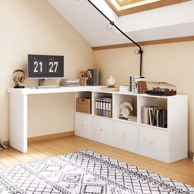 Scrivania girevole a 360° con piano e gambe spessi 4 cm 4 vani aperti 4 cassetti in MDF bianco
