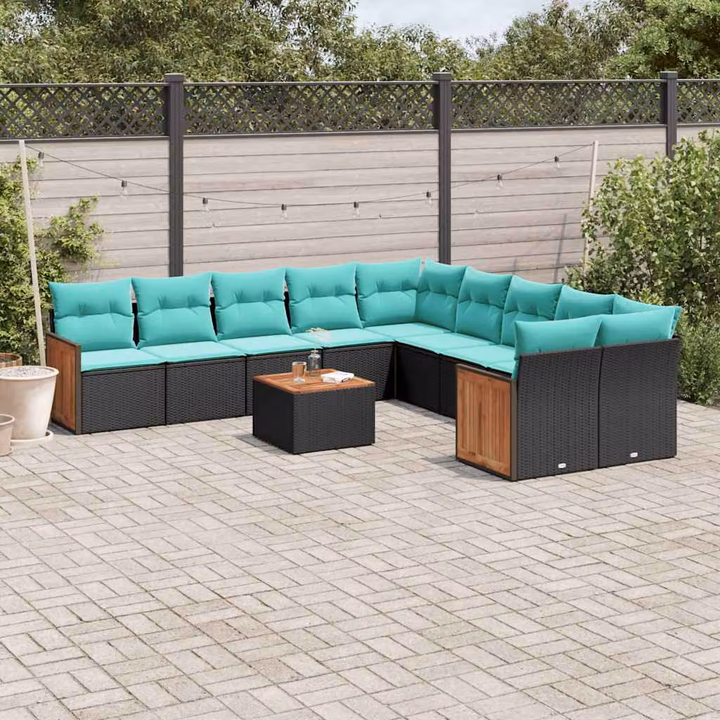 Set di divani da giardino vidaXL 11 pezzi in polyrattan nero con cuscini blu e struttura in legno di acacia oliato
