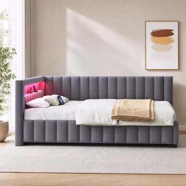 Divano letto a L REDOM in velluto grigio con illuminazione LED e porta USB, L/P/H: 209 x 147,5 x 82 cm
