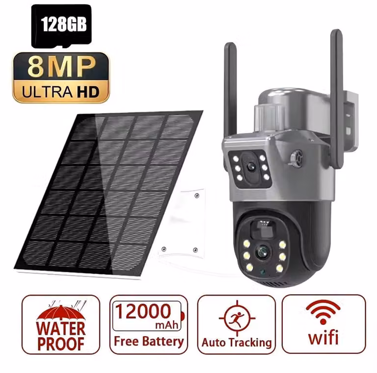 Telecamera di sorveglianza solare - Telecamera IP PTZ Wi-Fi 4K 8MP - Doppio obiettivo, rotazione a 270° - Rilevamento persone tramite PIR e tracciamento - Resistente agli agenti atmosferici (IP66) - Include scheda TF/microSD da 128 GB - Spina di alimentaz