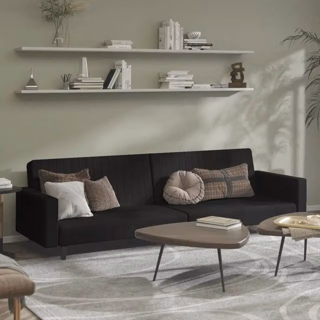 Divano Letto Click-Clack vidaXL in Velluto Nero con Poggiatesta Regolabile e Struttura in Legno Massiccio, L/P/H: 220 x 140 x 84,5 cm – 1