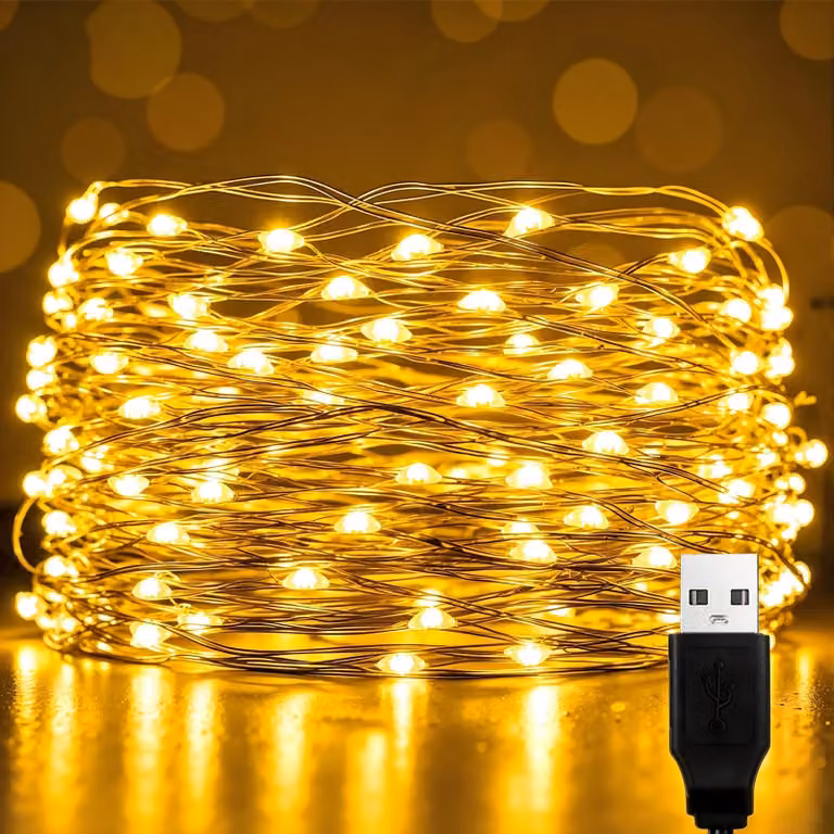 Catena luminosa a LED, 10 metri, 100 LED bianco caldo, alimentazione USB, filo di rame, grado di protezione IP65