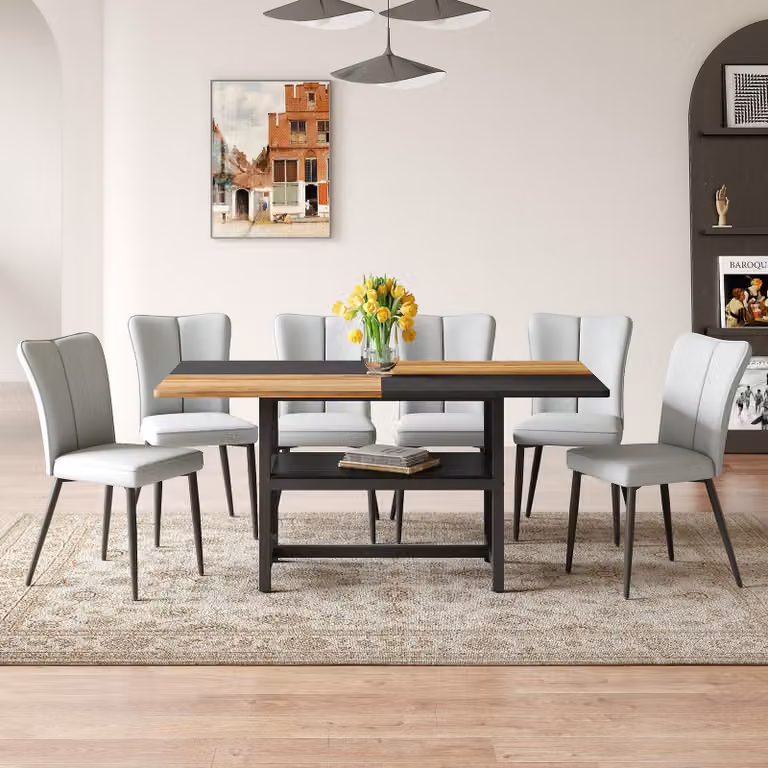 STILVORA STILVORA Set da pranzo rettangolare con funzione di contenimento, tavolo da pranzo con 6 sedie moderne nere, set di sedie da pranzo con gambe in metallo nero. Adatto per soggiorno, zona pranzo, cucina ecc.