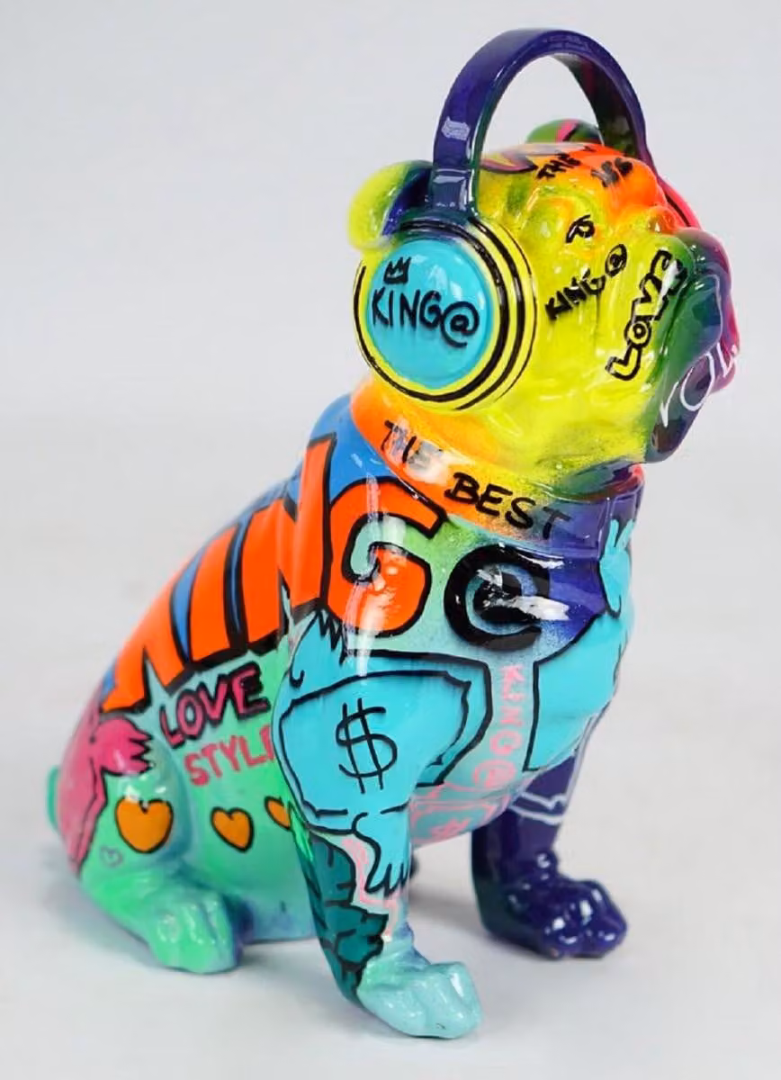 Casa Padrino statuetta decorativa di design cane bulldog con cuffie colorate h. 32 cm - scultura decorativa in resina - decorazione soggiorno - decorazione scrivania - statuetta decorativa animale