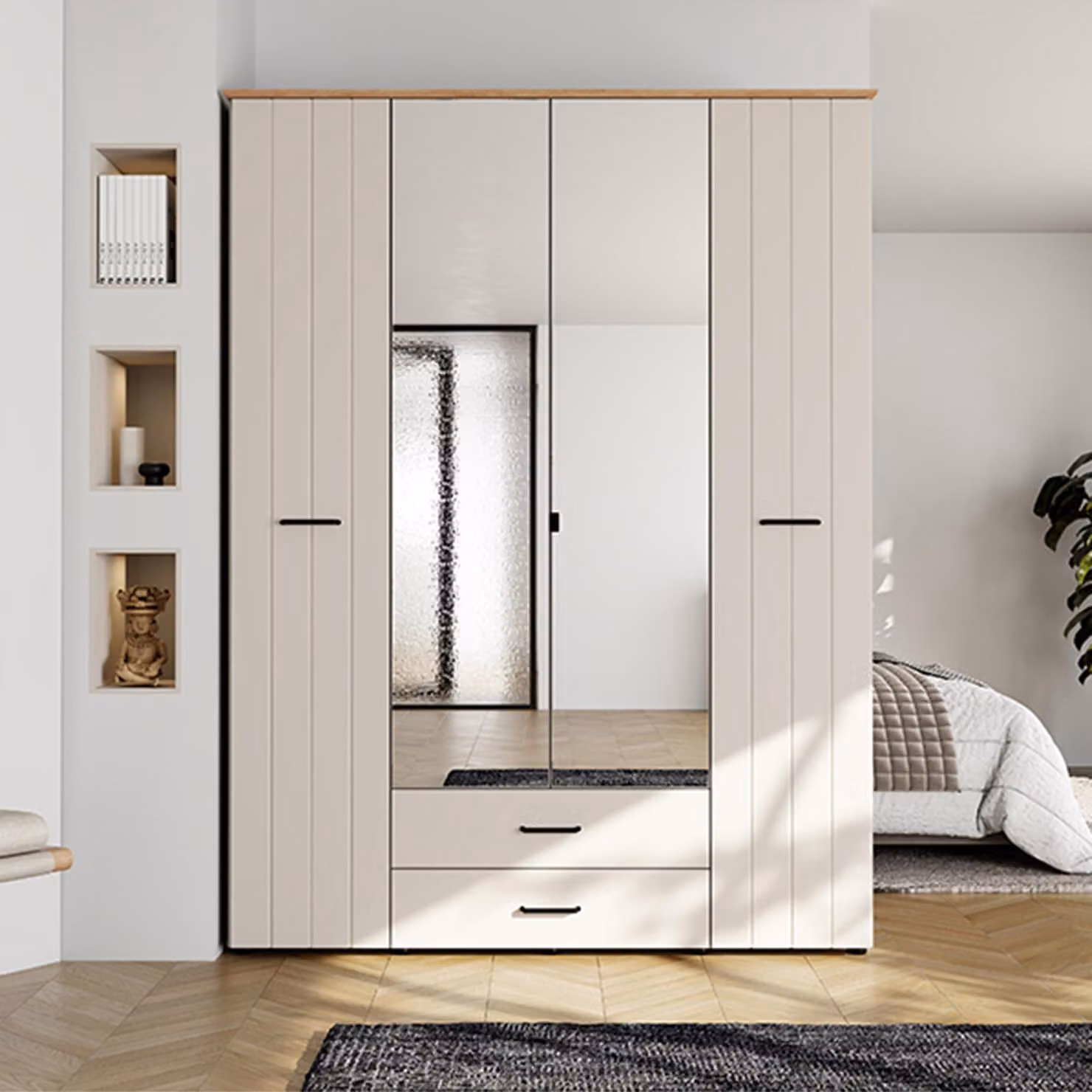 Pokhar - Guardaroba Grande, 157x208h cm Bianco Crema, 2 Cassetti