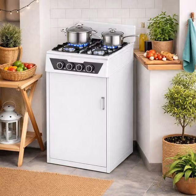 Cucina a gas da esterni Bakaji con 4 fuochi, portabombola e paravento, in acciaio inox e metallo, colore bianco, L: 80.0 cm, P: 48.5 cm, H: 45.5 cm
