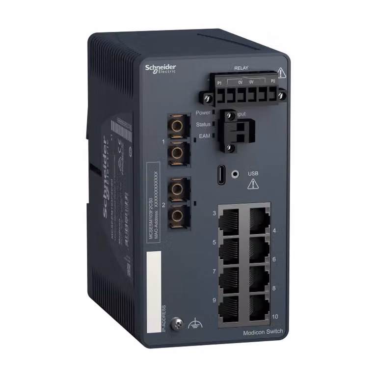 Switch gestito Schneider Electric Modicon, 8 porte per cavo in rame (8TX 10/100 Mbit/s) + 2 per fibra ottica monomodale (2FX-SM 100 Mbit/s) MCSESM103F2CS0