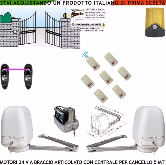 Automazione Cancello Kit Motori Braccio Articolato 24 V 2 Ante da 0,5 a 2,5 MT Centrale 220/24 V Faro Coppia di Fotocellule 7 Radiocomandi