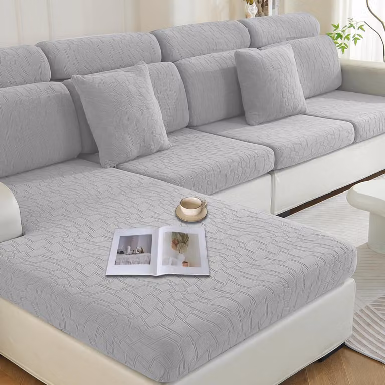 Copertura per cuscino da seduta, fodera elasticizzata per chaise longue, color argento-grigio, motivo geometrico, lavabile