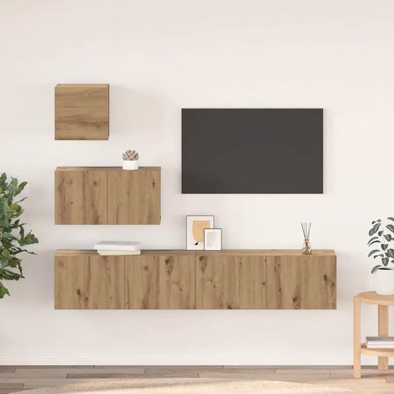 Set mobile TV moderno vidaXL in 4 pezzi color rovere, realizzato in legno e MDF per il tuo soggiorno