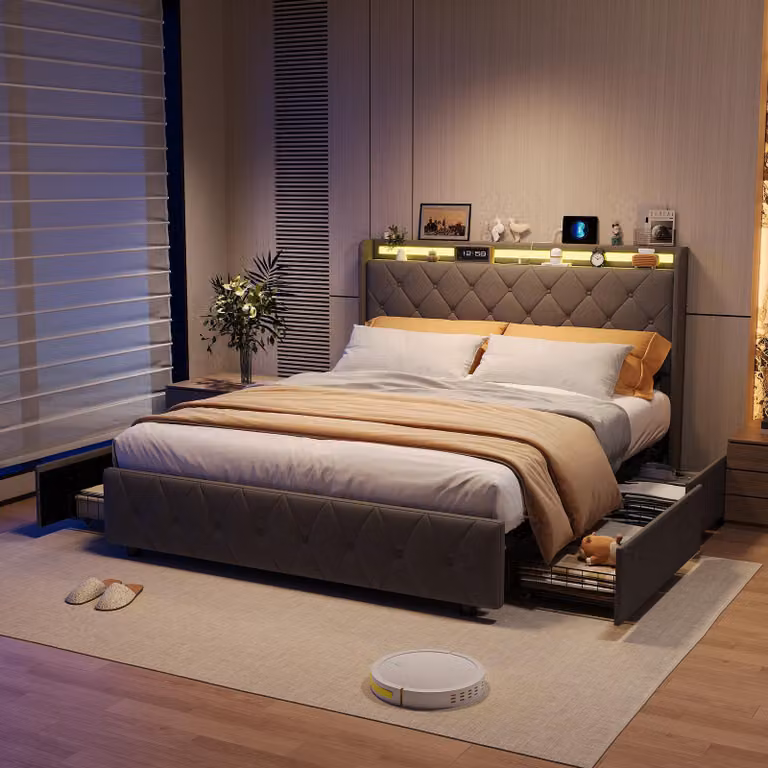 UnboxG Letto imbottito 160x200 cm Velluto grigio – Letto contenitore con 4 cassetti, LED e funzione di ricarica USB nella testiera, letto matrimoniale in tessuto