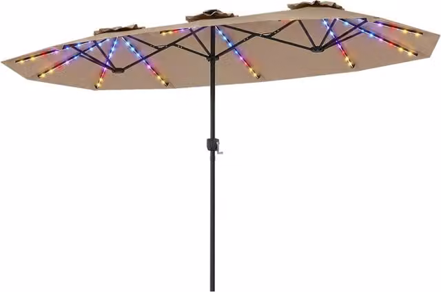 Ombrellone doppio da giardino con luci regolabili manovella, Ombrellone ampio doppio protezione solare resistente Marrone