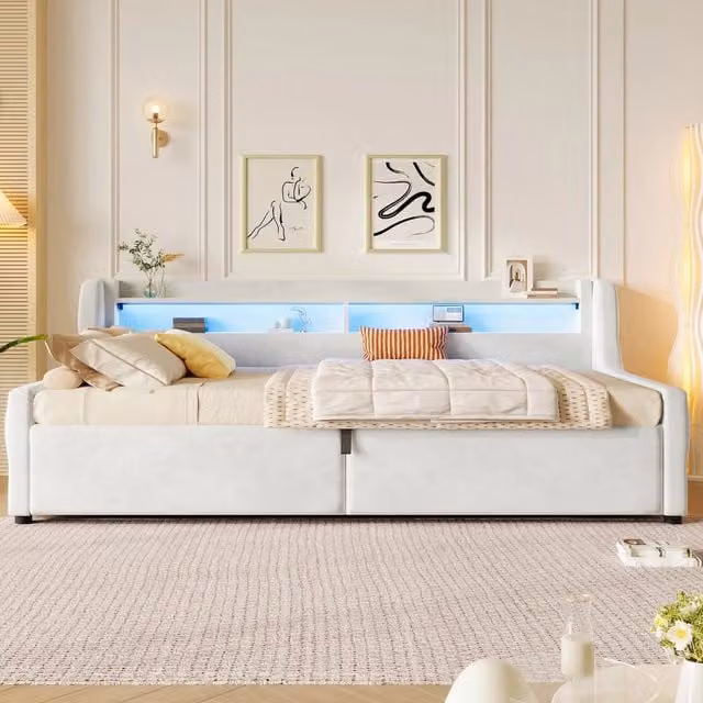 Letto singolo 90x200 con contenitore; apertura idraulica; testiera LED e rivestimento in velluto beige