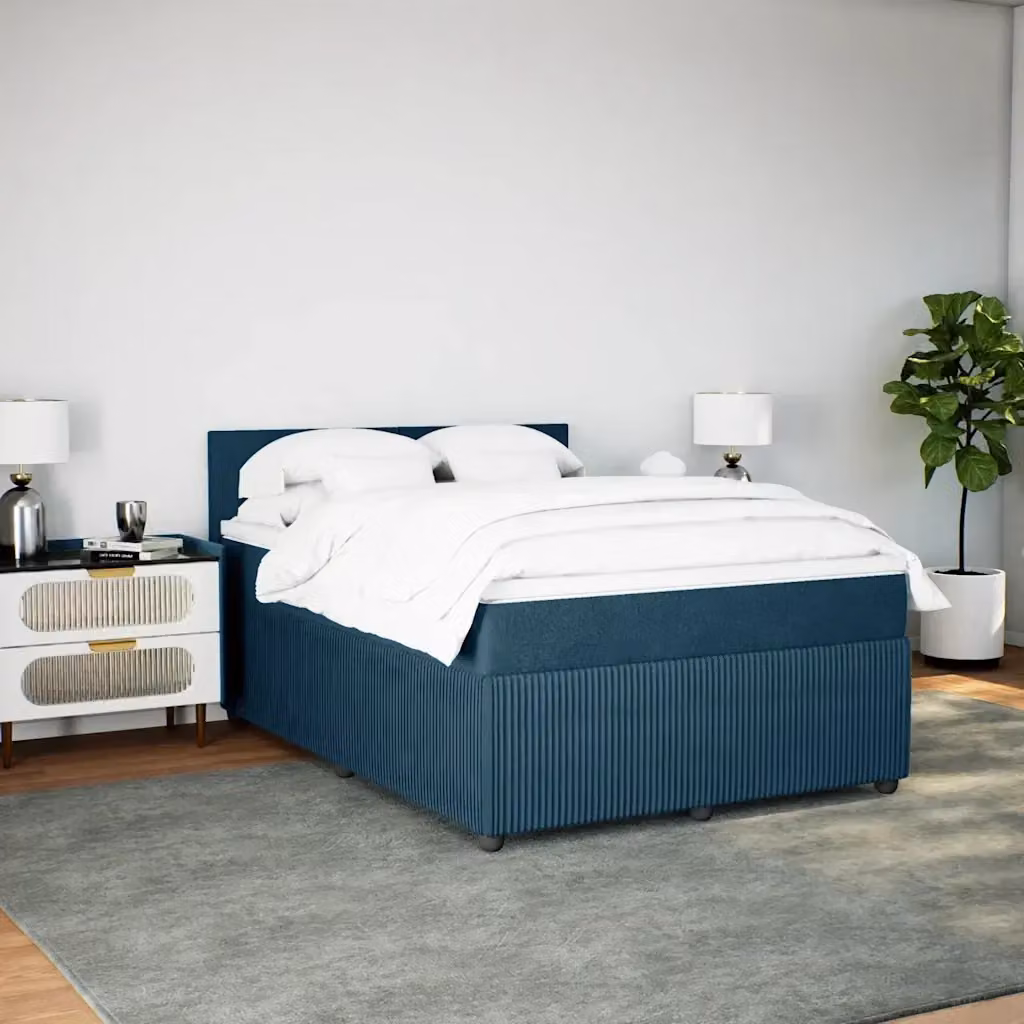 Letto con Giroletto a Molle e Materasso Ibrido vidaXL in Velluto Blu e Bianco, L/P: 160 x 200 cm – 2