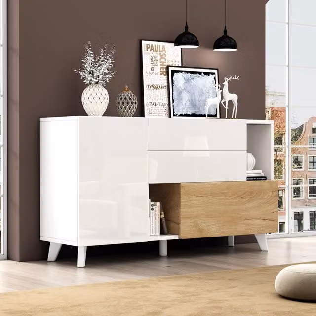 Credenza moderna in legno e MDF bianco e beige lucido con 1 porta, 2 cassetti e vani aperti L: 130 cm, P: 40 cm, H: 70 cm