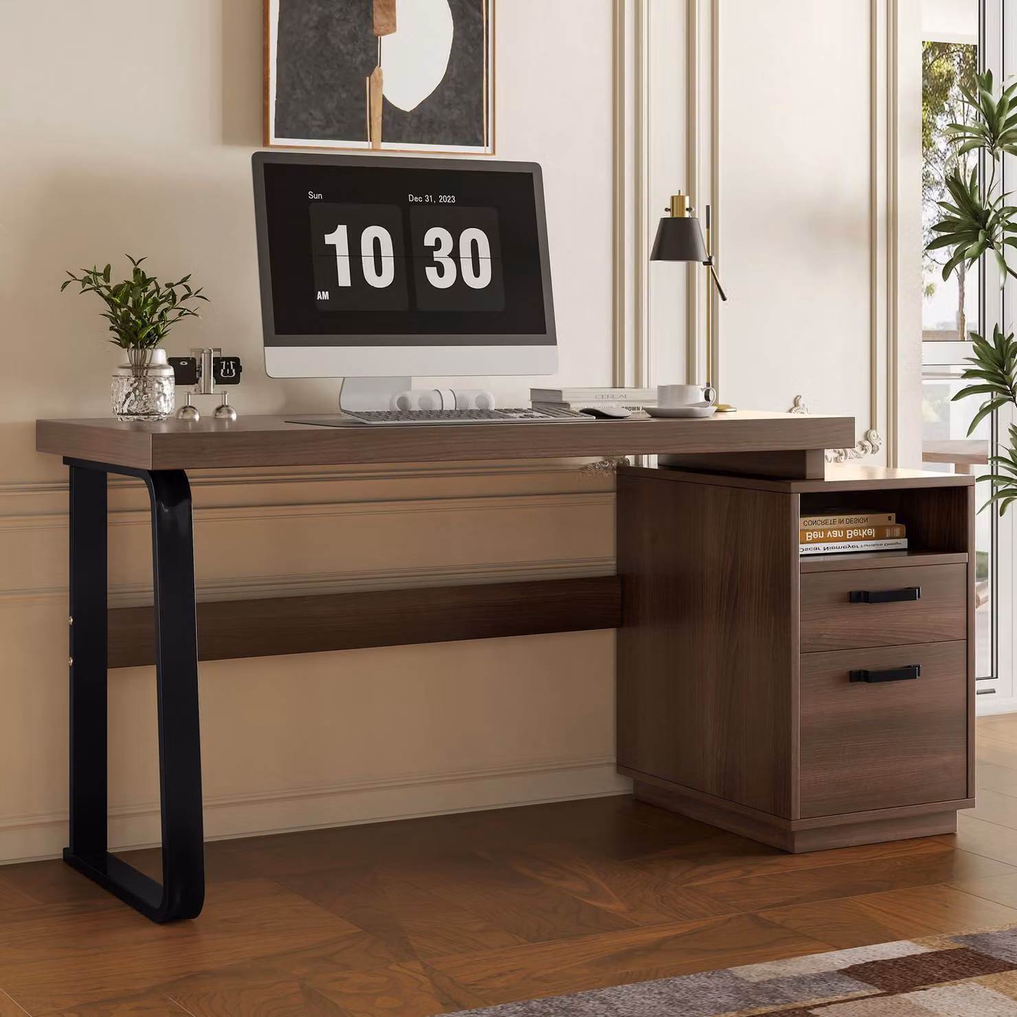 Scrivania moderna NK Space in stile minimalista con piano in MDF laminato e struttura in metallo, Marrone, L: 161 cm, P: 54 cm, H: 76,3 cm – 2