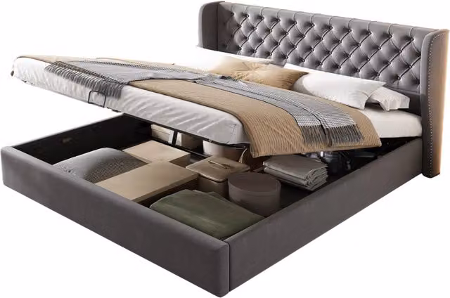 Letto Matrimoniale Contenitore Chicfurn con Vano Idraulico e Testiera Alta in Velluto Grigio L/P: 160 x 200 cm – 1