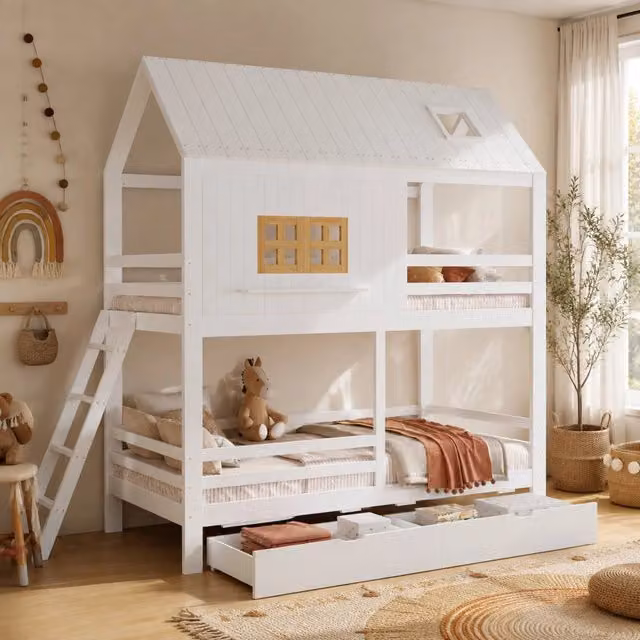 Letto a castello 90x200 cm con finestre; tetto e cassetti in legno e MDF bianco naturale