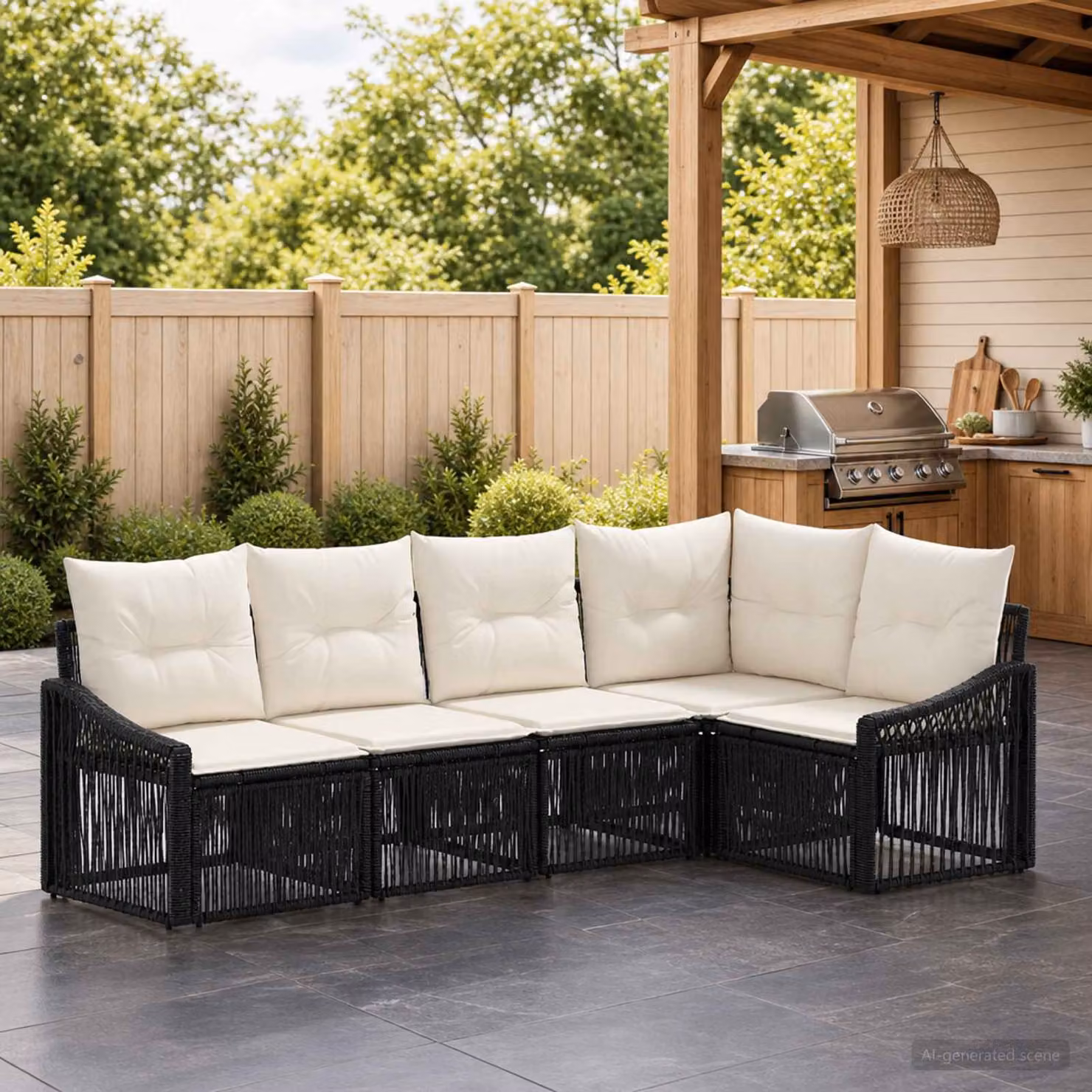 Set Divano da Giardino a L vidaXL in Polyrattan Nero con Cuscini e Struttura in Acciaio Verniciato a Polvere