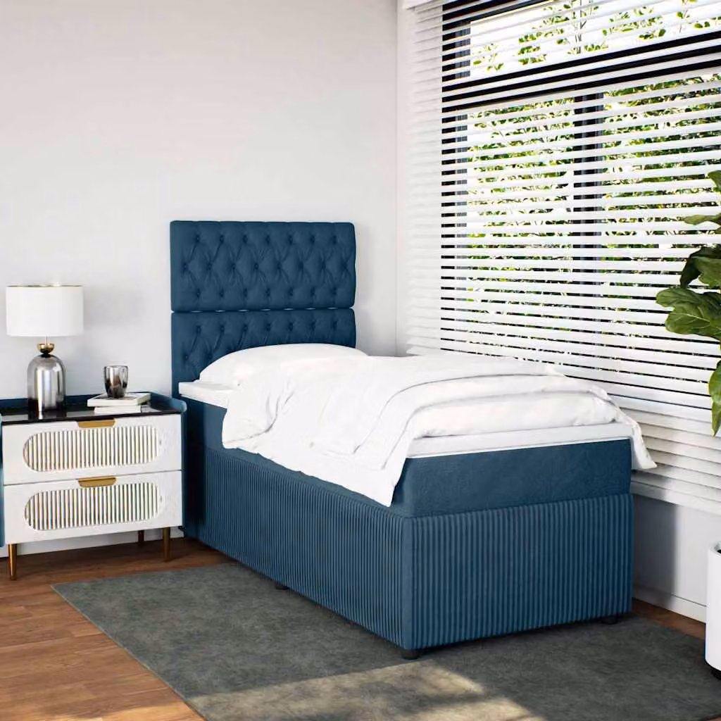 vidaXL Letto Ibrido con Materasso in Velluto Blu e Bianco, L/P/H: 90 x 190 cm – 1