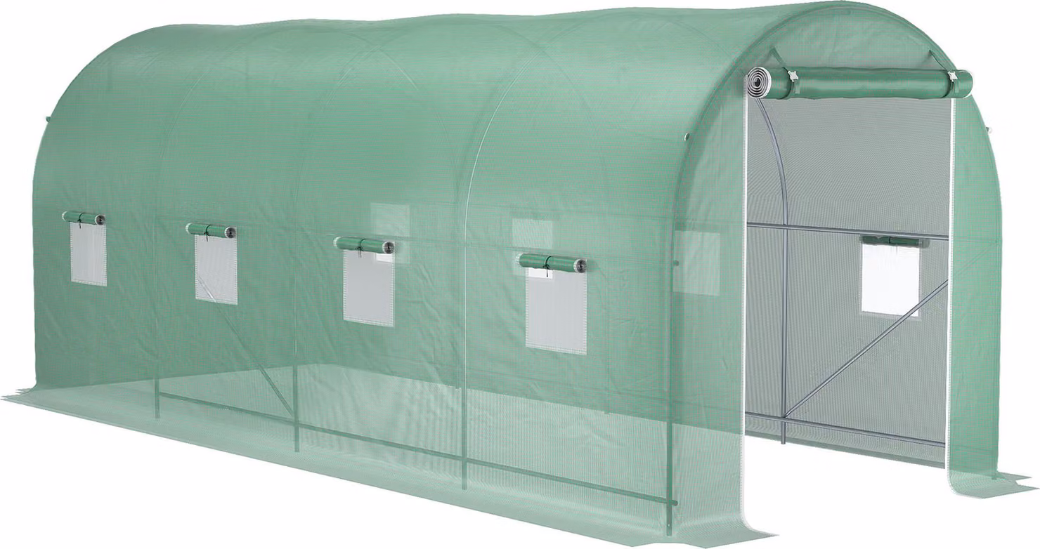 Serra a tunnel con struttura in film plastico Moonbite, dimensioni 5 x 2 x 2,05 metri, con finestre, tetto a volta in tubi d'acciaio, diagonali di rinforzo, porte scorrevoli e telo in polietilene (PE), colore verde