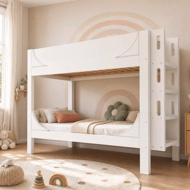 Letto a castello Mivray a 2 livelli in legno e MDF bianco con scala reversibile e struttura separabile L/P/H: 214 x 90 x 200 cm – 1