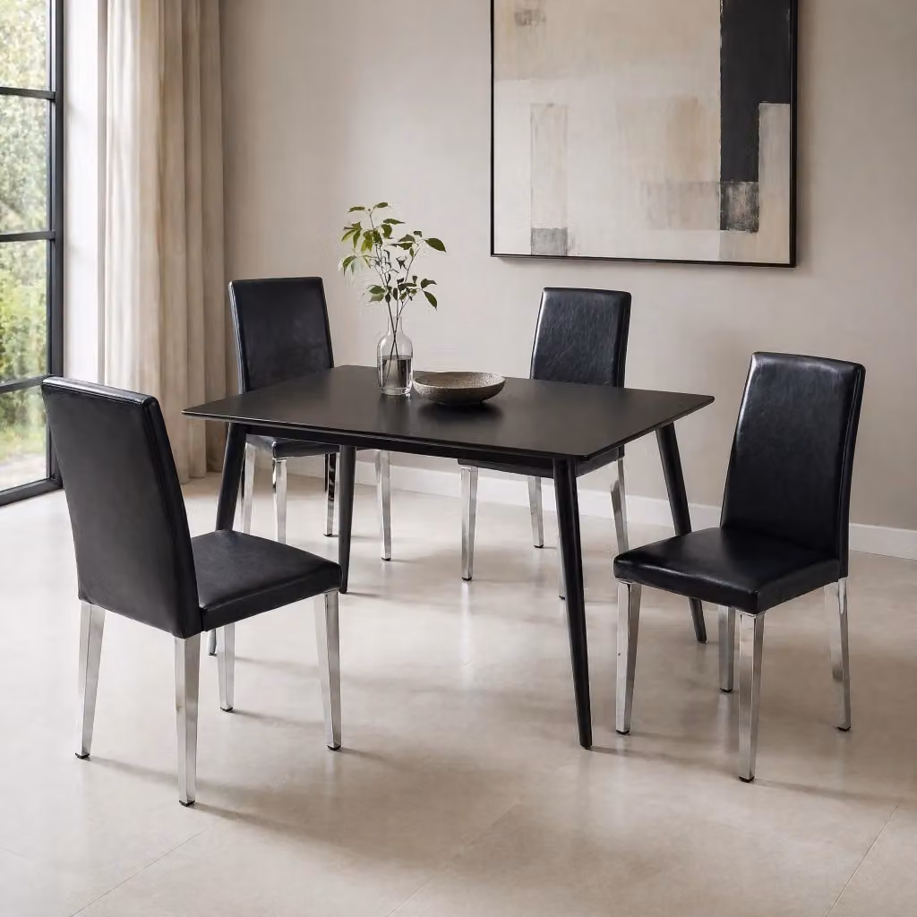 Set di 4 sedie da pranzo moderne MODFU in ecopelle nera con gambe in metallo argento, Altezza: 90 cm – 2