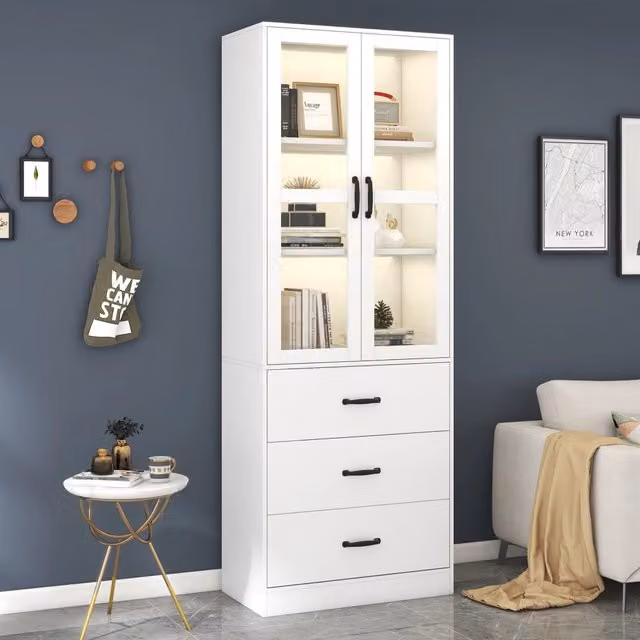 Vetrina alta OKWISH in MDF bianco con LED, 2 ante in vetro, 3 cassetti e ripiani interni regolabili per soggiorno o ufficio, H 200 x L 48 x P 50,45 cm – 1