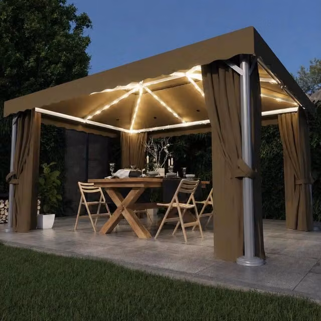 Pavilion With Curtains & LED String Lights 4x3 M Taupe