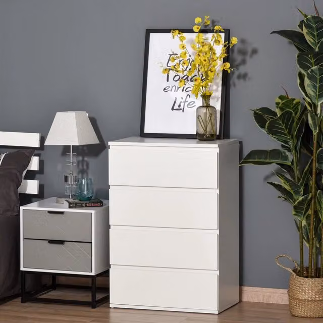 Cassettiera con 4 cassetti senza maniglie in MDF bianco guide ammortizzate sistema antiribaltamento 55 × 33 × 80 cm