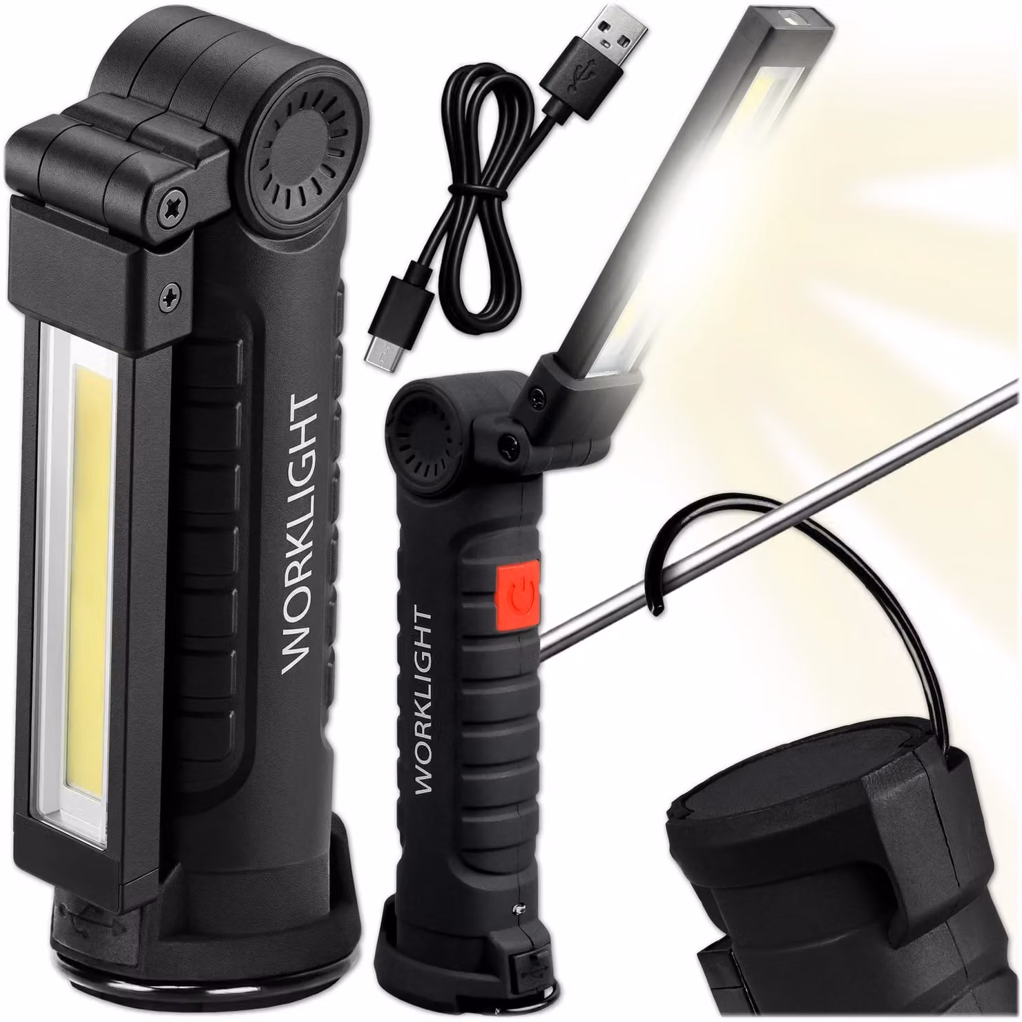 Lampada da officina a LED KRUMAD con base magnetica e batteria ricaricabile, resistente agli schizzi d'acqua, luce di lavoro orientabile, ricarica USB, compatta per garage e uso esterno