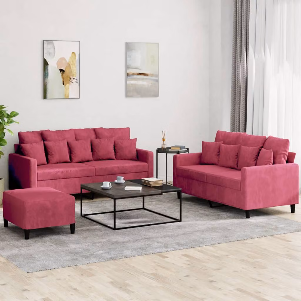 vidaXL Set di Divani 3 pz in Velluto Rosso con Cuscini e Struttura Imbottita – 1