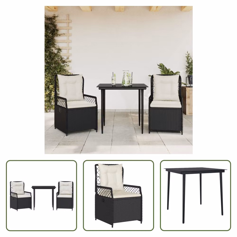 The Living Store Set da pranzo da giardino in 3 pezzi con cuscini in poly rattan nero