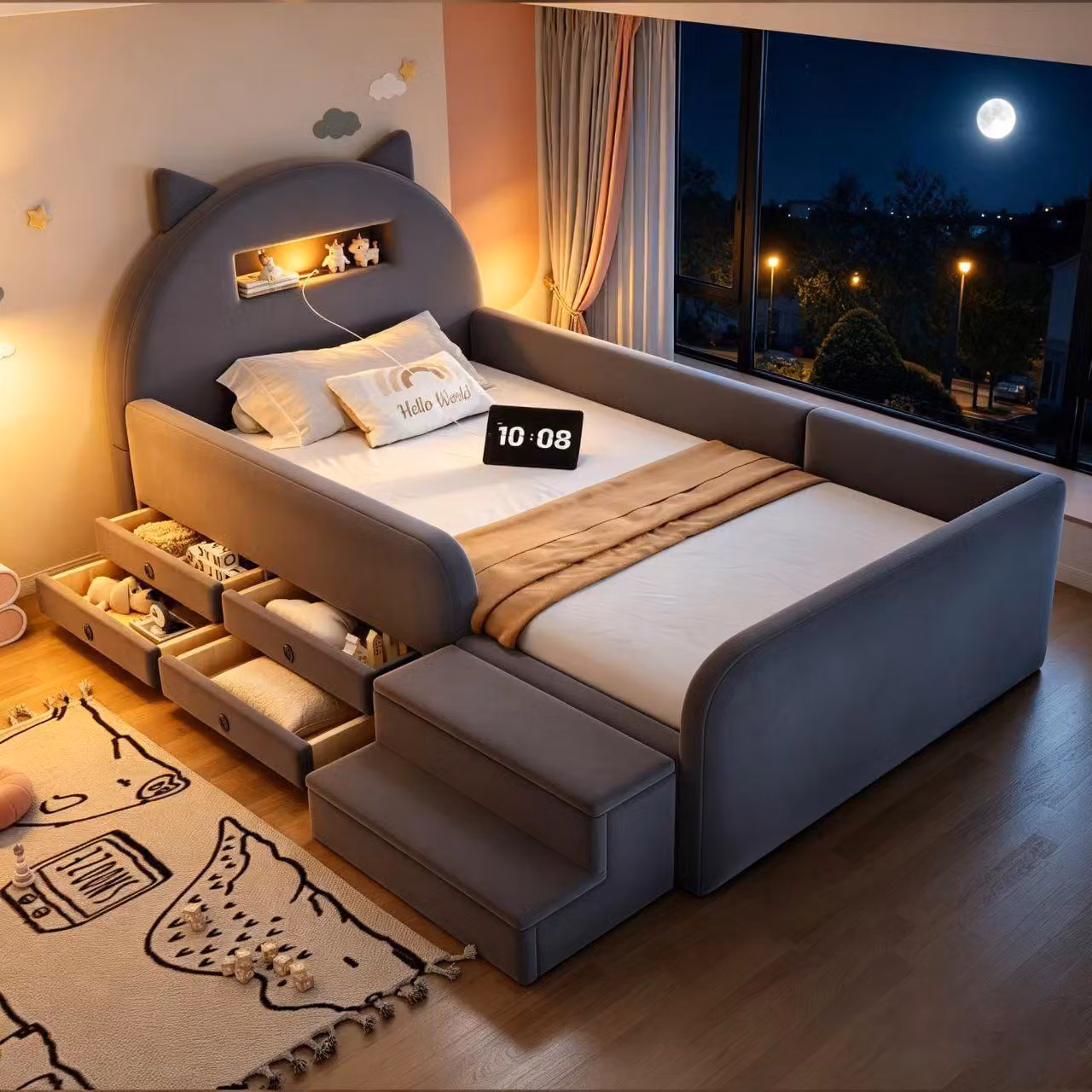 Letto imbottito Flieks 90x200 cm con luce notturna e porta USB, letto singolo per bambini con 4 cassetti e scaletta, letto per adolescenti con ripiano, in velluto, color grigio scuro