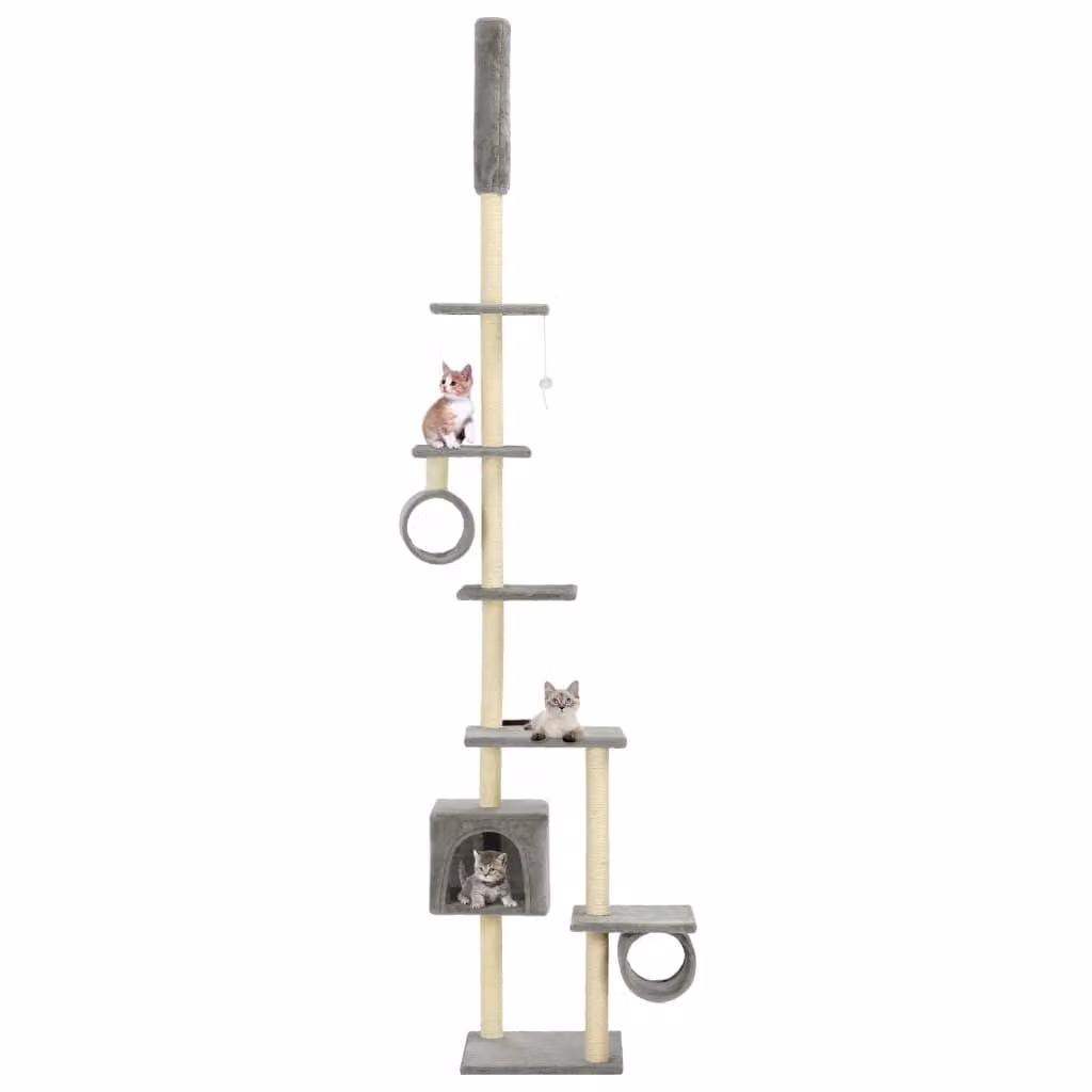 Albero per gatti vidaXL con tiragraffi in sisal, cave e giocattoli integrati, grigio, Altezza: 260 cm