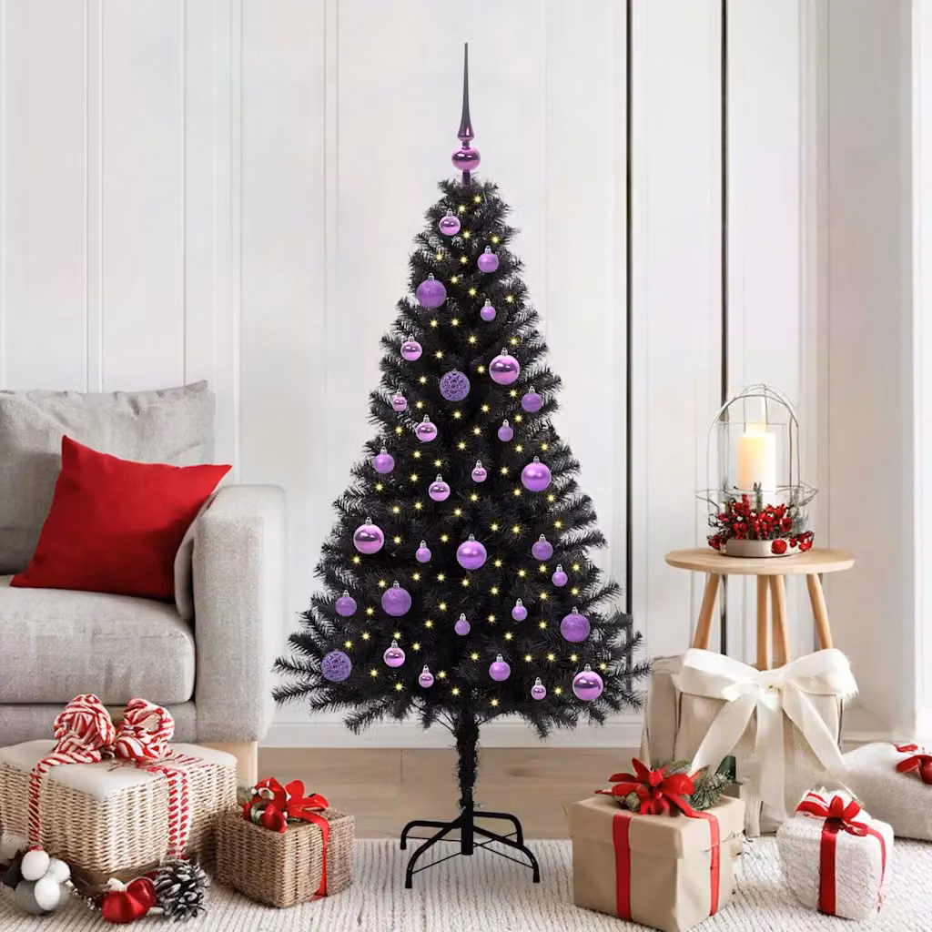 Albero di Natale moderno vidaXL nero con luci LED bianco caldo in PVC, Altezza: 150 cm