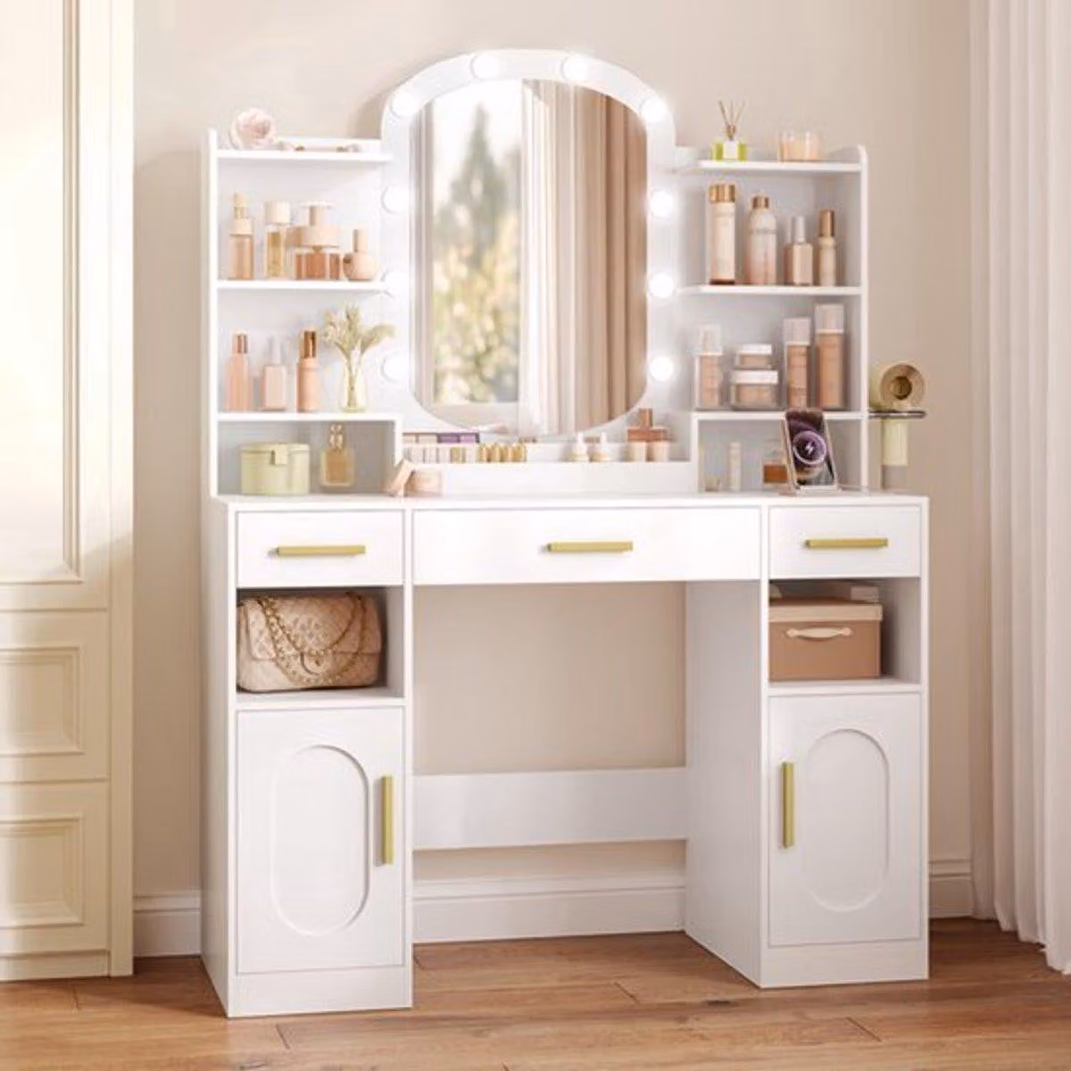 Comodino con specchio ovale - 3 cassetti, 2 vani chiusi, 8 ripiani aperti - Legno - Arredamento per camera da letto - Bianco
