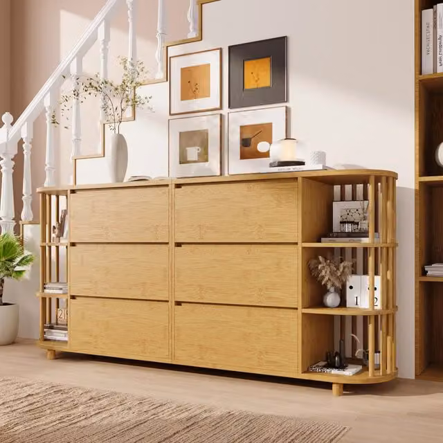 Credenza e madia con 6 cassetti e 6 ripiani, piedi regolabili, per soggiorno, MDF e bambù rovere, 160 × 40 × 75 cm