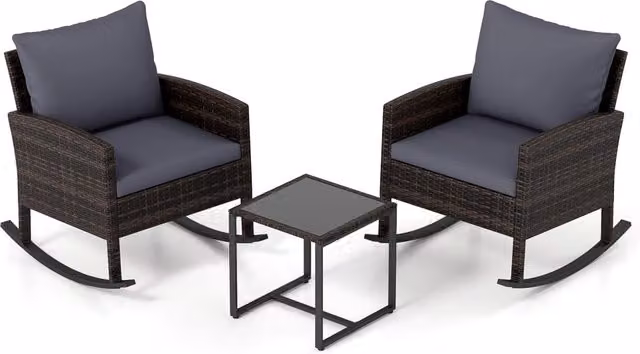 Set salotto da giardino in rattan con 2 poltrone a dondolo tavolino e cuscini, Set mobili da eterno Grigio