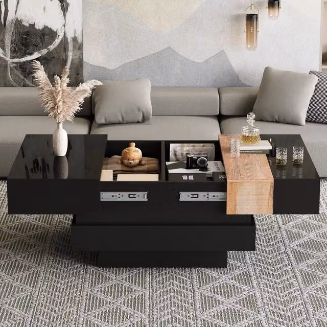 Tavolino da Salotto Quadrato 70x70x39 cm, Estensibile con Vano Portaoggetti Nascosto, Design Color Block, Finitura Lucida, MDF, Nero